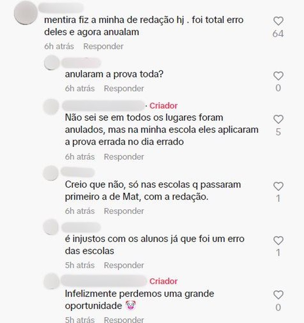 Comentários no TikTok sobre vazamento de tema da redação do Provão Paulista — Foto: Reprodução/redes sociais