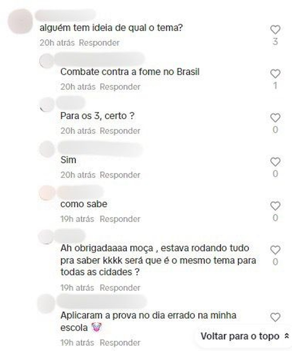 Comentários no TikTok sobre vazamento de tema da redação do Provão Paulista — Foto: Reprodução/redes sociais