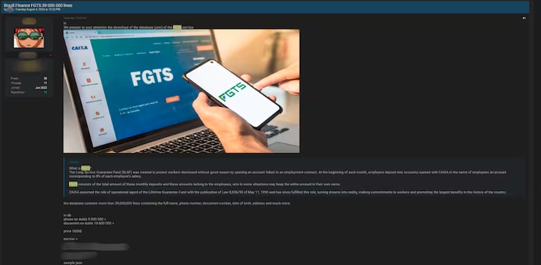Usuário de fórum internacional anuncia venda de dados do FGTS de 39 milhões de brasileiros