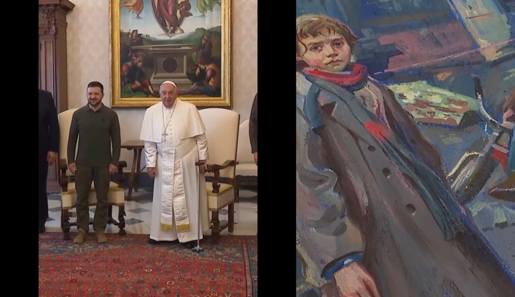 Zelensky presenteia Papa Francisco com pintura sobre massacre de Bucha