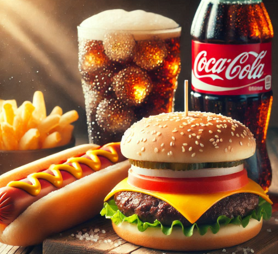 hambúrguer, um cachorro-quente ou bebe uma Coca-Cola